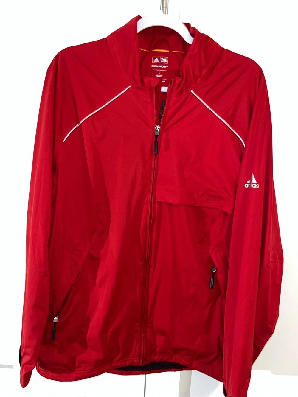 Adidas 3 Stripe climaproof storm lined wind zipper golf jacket L reflective trim